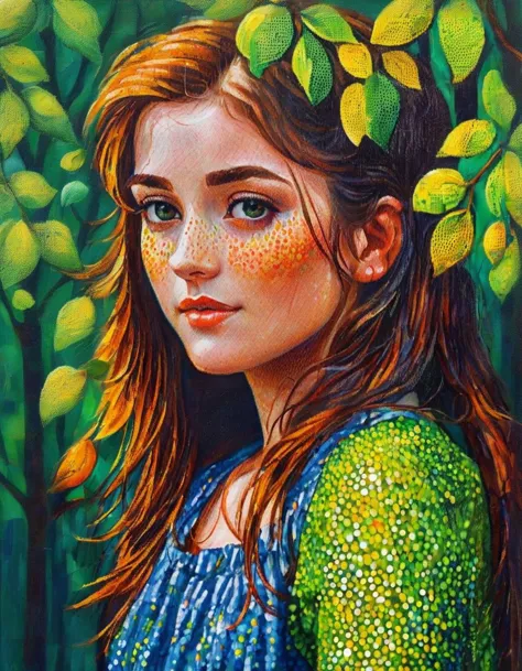 a painting of a girl with freckles and leaves on her head