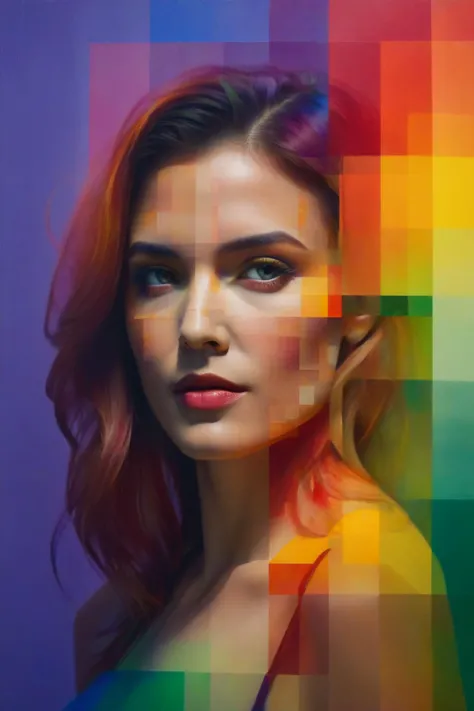 a woman with a colorful face and a rainbow colored background