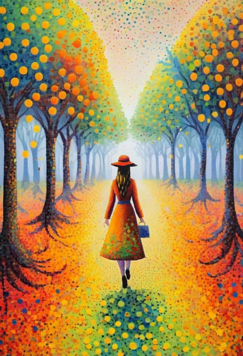 a painting of a woman walking down a path in a forest