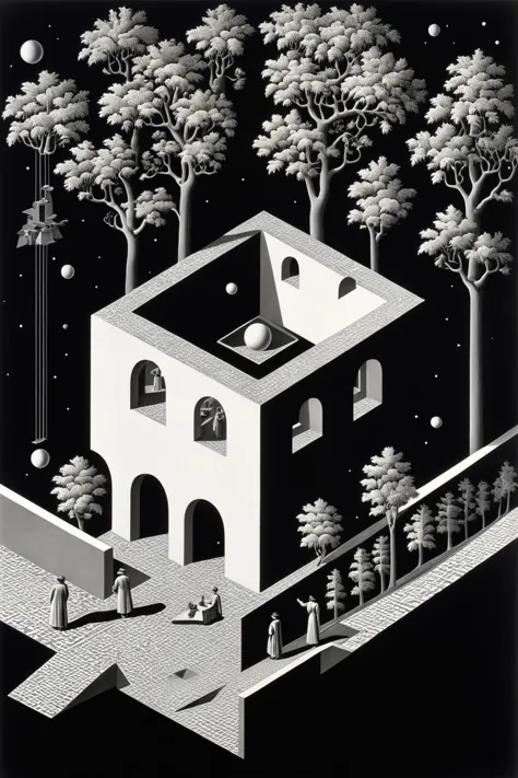 Abstraction,futuristic science fiction,The projection of a four-dimensional space in a three-dimensional world,
le parc,<lora:LeParc_AI_LoRA_XL_v2.1-000020:1>,art by escher,<lora:Escher_Blend:0.0.3>,