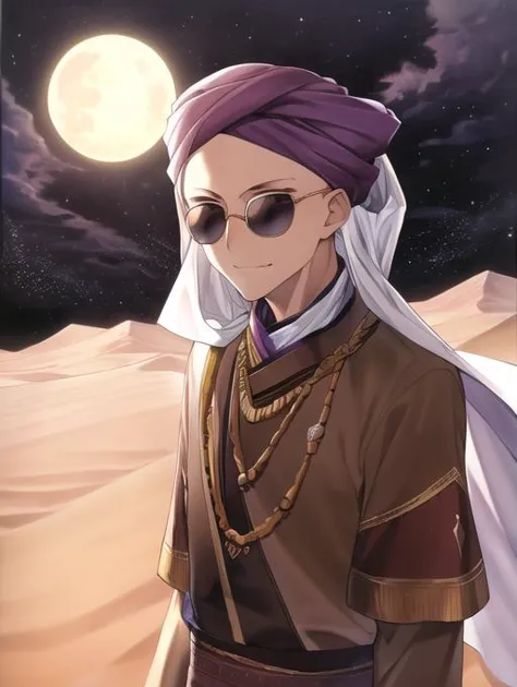 best quality, masterpiece, highres, detailed, <lora:Detail - add_detail:0.2>, DesertNCh, <lyco:Change - Desert Nomad:0.8>, turban, mouth veil, brown clothes, traditional clothes,  <lora:Character - MasanoriV:0.6>, 1boy, bald, sunglasses, evil smile, moon, dark energy, purple energy, MasanoriV,