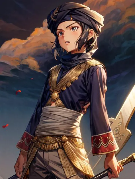 best quality, masterpiece, highres, detailed, <lora:Detail - add_detail:0.2>, DesertNCh, <lyco:Change - Desert Nomad:0.8>, turban, mouth veil, brown clothes, traditional clothes, dark blue hair, short hair, 1boy, KoichiDigi, weapon, solemn, <lora:Character - Koichi:0.7>