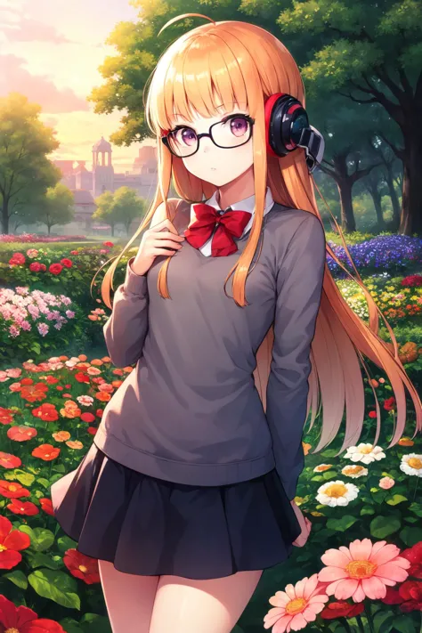 masterpiece, best quality, highres,
<lora:futaba-sakura-v2-07:0.9>, 1girl, futabasakura, blunt bangs, glasses, black-framed eyewear, ahoge, small breasts,
0.7::coral sweater, layered skirt0.2::, red bow, headphones, behind-the-head headphones,
cowboy shot, garden,  flowers, trees, golden hour,