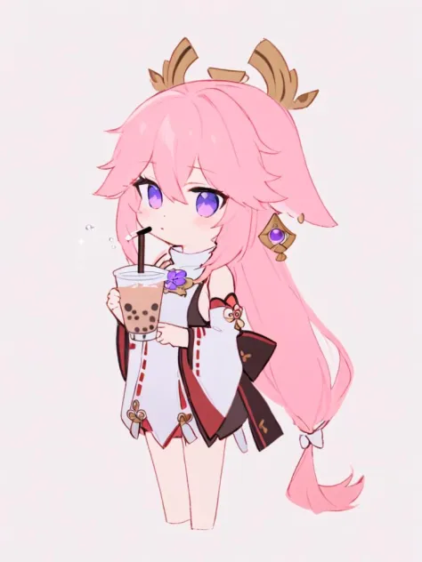 1girl, solo, yae_miko, drinking_straw, pink_hair, white_background, chibi, long_hair, bubble_tea, detached_sleeves, wide_sleeves, simple_background, holding, purple_eyes, hair_between_eyes, japanese_clothes, bangs, holding_cup, drinking, long_sleeves, cup, disposable_cup, full_body, shirt, ribbon-trimmed_sleeves, sleeveless_shirt, looking_at_viewer, hair_ornament, white_shirt, standing, very_long_hair, animal_ears, fox_ears, ribbon_trim, jewelry, nontraditional_miko, white_sleeves,