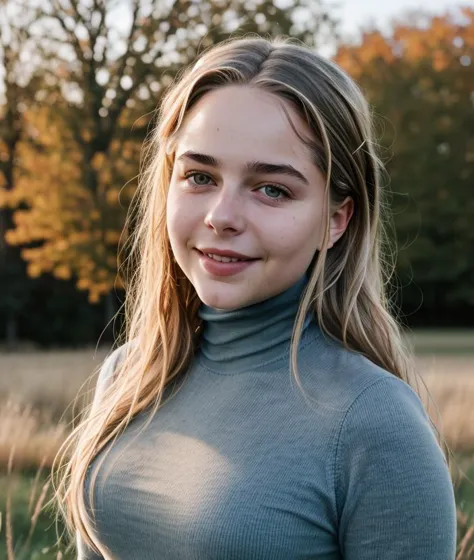 a close up of a woman in a gray turtle neck sweater