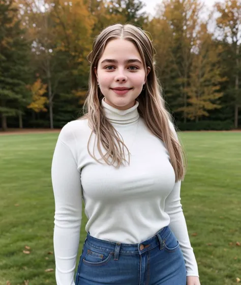 a woman in a white turtle neck top and jeans standing in a field