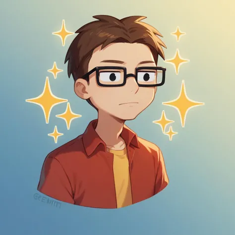 a cartoon boy with glasses and a red shirt is staring at something