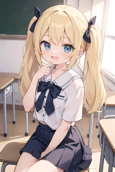 anime girl sitting on a chair in a classroom with a blackboard