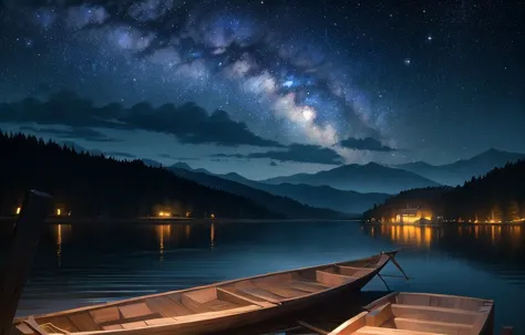 boats on the water at night with a starry sky