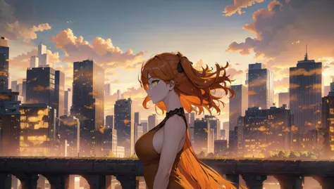 a woman in a brown dress standing in front of a city skyline