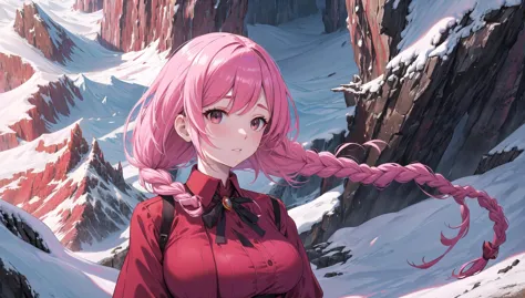 anime girl with pink hair standing in front of a mountain