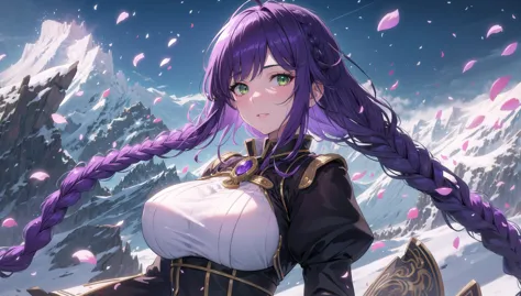 a close up of a woman with long purple hair and a sword