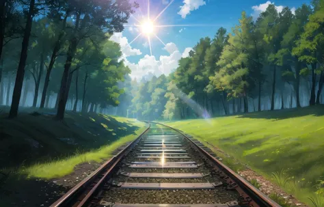 a close up of a train track with a sun shining in the background