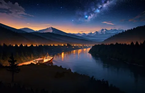 a view of a boat on a river with a mountain in the background