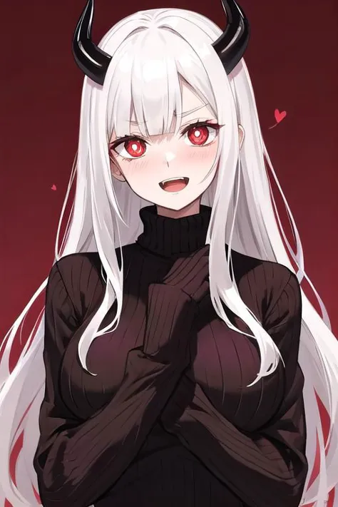 masterpiece, best quality, modeus(helltaker), drooling, formal, black horns, large breasts, open mouth, simple background, red eyes, long sleeves, symbol-shaped pupils, upper body, solo, sweater, white hair, black suit, ribbed sweater, blush, turtleneck, 1girl, heart, jacket, demon horns, horns, heart-shaped pupils, red sweater, red background, looking at viewer, own hands together, suit, demon girl