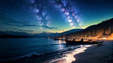 masterpiece, best quality, aesthetic, no humans, starry night, milky way, cloud, night sky, river, waves, wooden boat, mountainous horizon, dark, outdoors, nature, scenery, wide shot, cinematic lighting, professional shadow