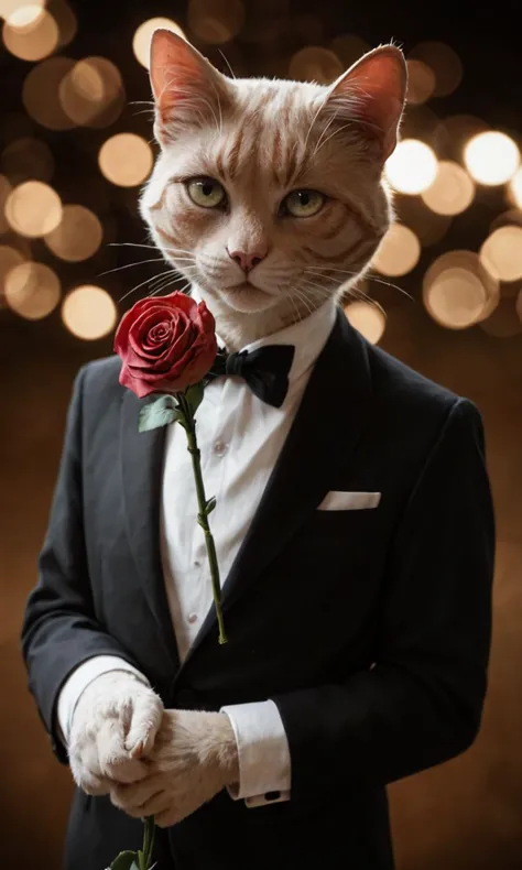 score_9, score_8_up, score_7_up, BREAK, cat, furry, wearing a tuxedo, looking for love, holding a red rose looking at viewer, realistic, high class vibes, warm tones, soft focus, bokeh background, detailed skin, depth of field, film grain