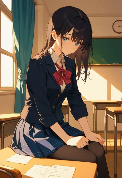 score_9, score_8_up, score_7_up, score_6_up, zPDXL3, anime style, best quality, (masterpiece), perfect anatomy, perfect eyes, intricate details, perfect hands, 
BREAK
1girl, young lady, young, black hair, long hair, medium breasts, black uniform, school uniform, skirt, floral print, 
BREAK
indoors, classroom,