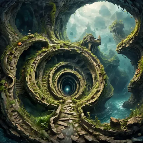 (masterpiece, best quality, ultra-detailed), a surrealistic spiral underground dungeon, spiral stairways, grey stone bricks, dark ominous atmosphere, undersea city, ab0m, ptm0, fenliexl, mixed media, surrealism, Faetastic