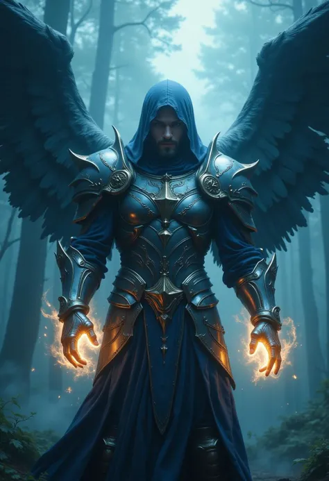 Cinematic style, Realistic, Photorealistic, Chiaroscuro, Beauty, High Quality,
“Create an image of a mystical angel in armor with large, detailed wings and glowing energy emanating from his hands. The armor should be ornate, with silver and blue tones, with elegant patterns indicating royal status. The background is a misty forest, adding an ethereal quality to the composition.”