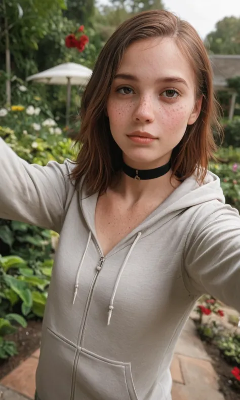 score_9, score_8_up, score_7_up, BREAK, rating_safe, woman, brown hair, detailed, sharp focus, flirtatious, seductive, choker, pleasant, seductive, freckles, 85 mm, hoodie, outdoor, garden, rare angle selfie, garden, nature, highly detailed, detailed skin, depth of field, film grain, highly detailed, detailed skin, depth of field, film grain