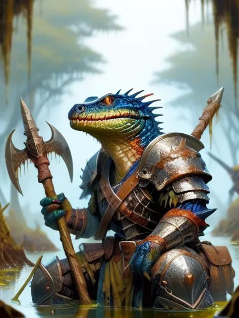 score_9, score_8_up, score_7_up, 1character lizardfolk heavy fighter, scale armor, holding large axe , detailed swamp background...