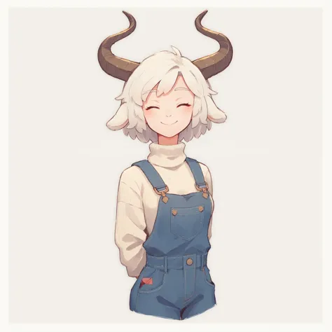 cute sheep woman, overalls, fluffy clouds, illustration, goat horns, textured sweater, lamby lumpkin has white hair, smile, closed eyes,
score_8_up,  <lora:last:1>,  <lora:Traditional_art_v4_USENEG:-1.0>, arms behind back, simple background, white outside border,  full body,