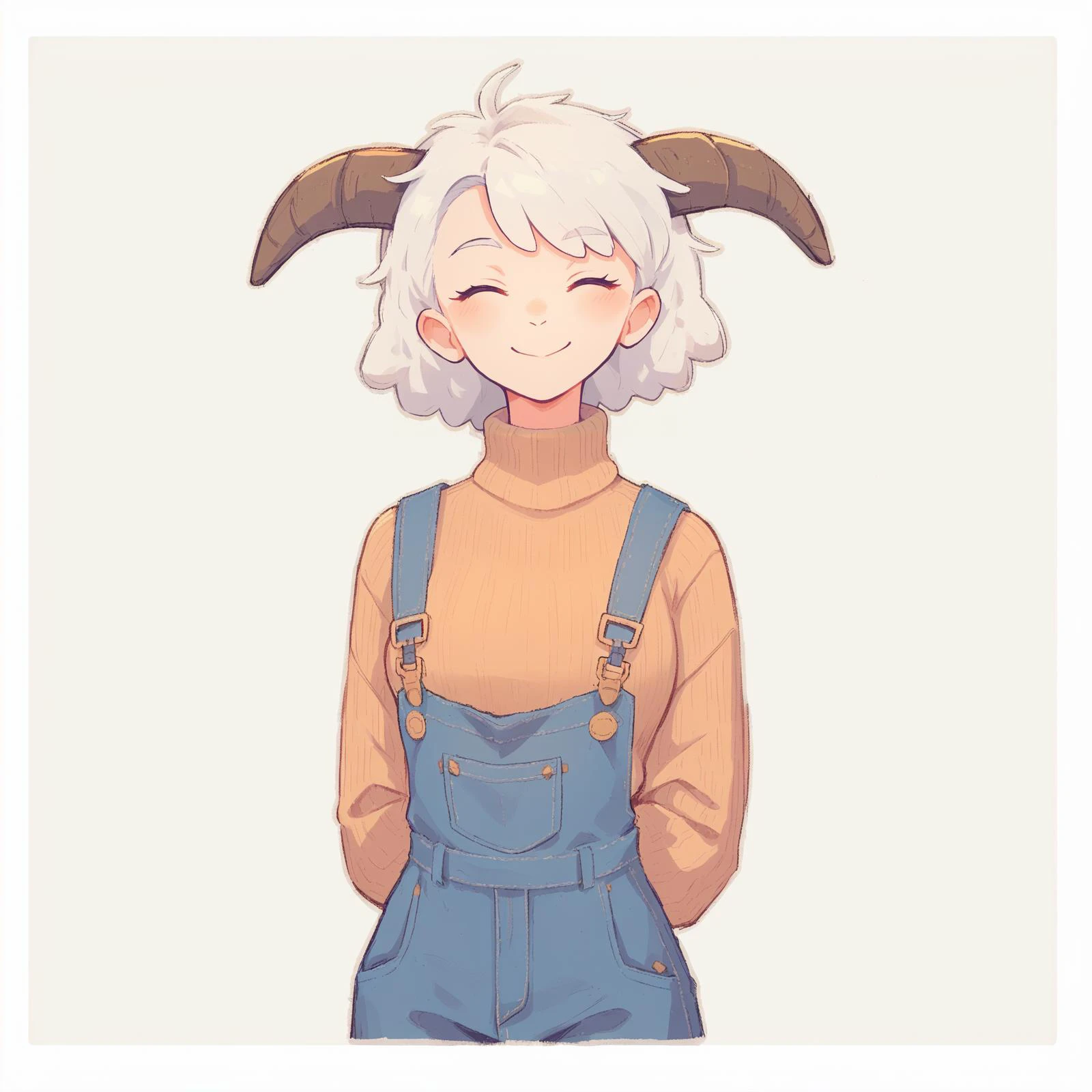 cute sheep woman, overalls, fluffy clouds, illustration, goat horns, textured sweater, lamby lumpkin has white hair, smile, closed eyes,
score_8_up,  arms behind back, simple background, white outside border,  full body,