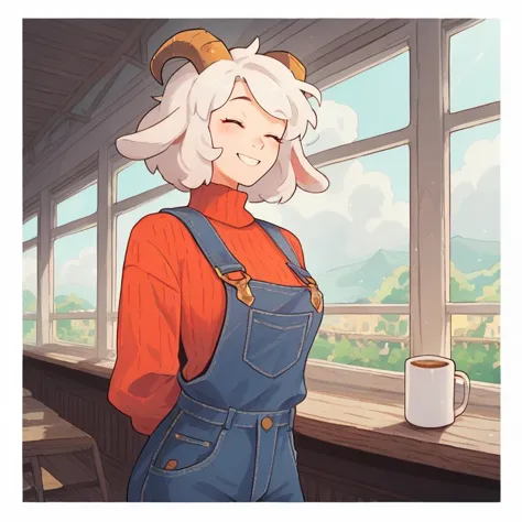 cute sheep woman, overalls, fluffy clouds, illustration, goat horns, textured sweater, lamby lumpkin has white hair, cafe, coffe...