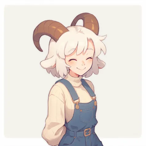 cute sheep woman, overalls, fluffy clouds, illustration, goat horns, textured sweater, lamby lumpkin has white hair, smile, clos...