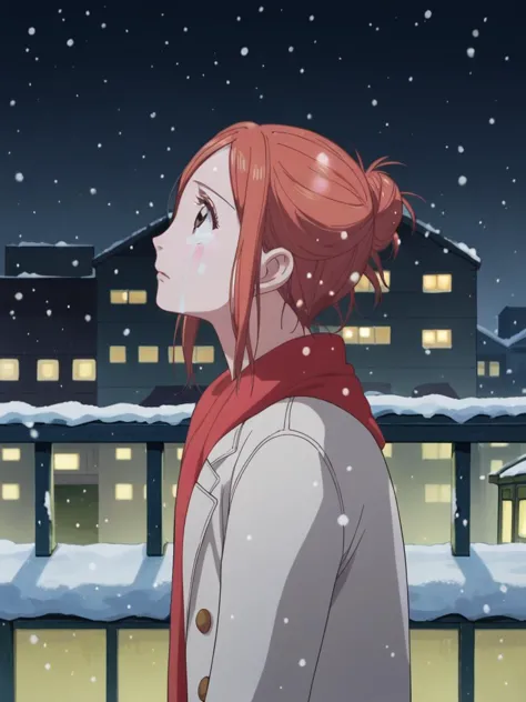 anime girl looking at the sky in the snow