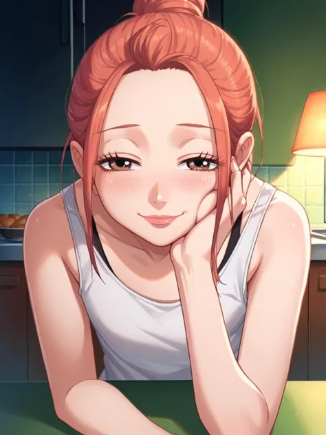 anime girl with red hair and white tank top sitting at a table