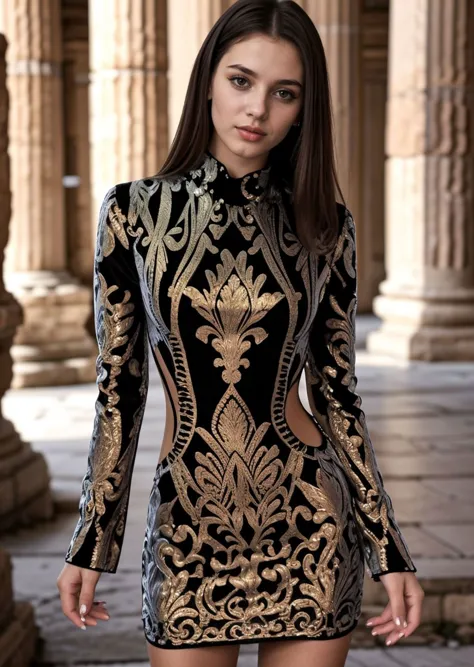 a woman in a black and gold dress standing in front of columns