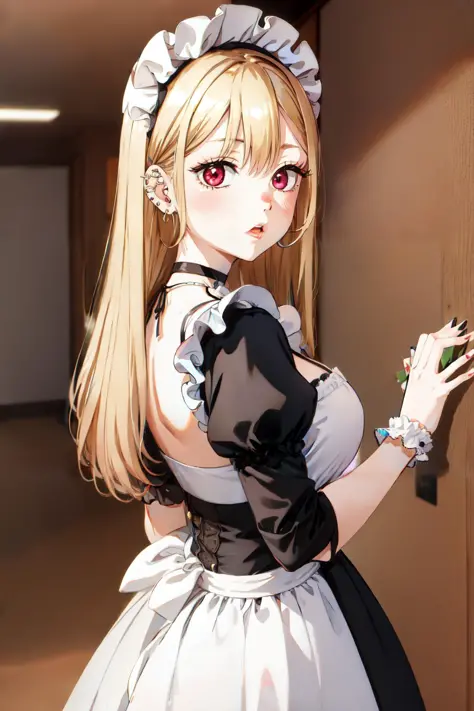 1girl,  Marin Kitagawa, long hair, blonde hair, red eyes, piercing, earrings, ear piercing, stud earrings, black choker,  wrist scrunchie, long fingernails, <lora:Marin Kitagawa_V1(colab)-000004:0.8>, gyaru, (maid dress:1.2), shy, maid headdress,, (masterpiece:1.2), highres, best quality, 8k, very clear,