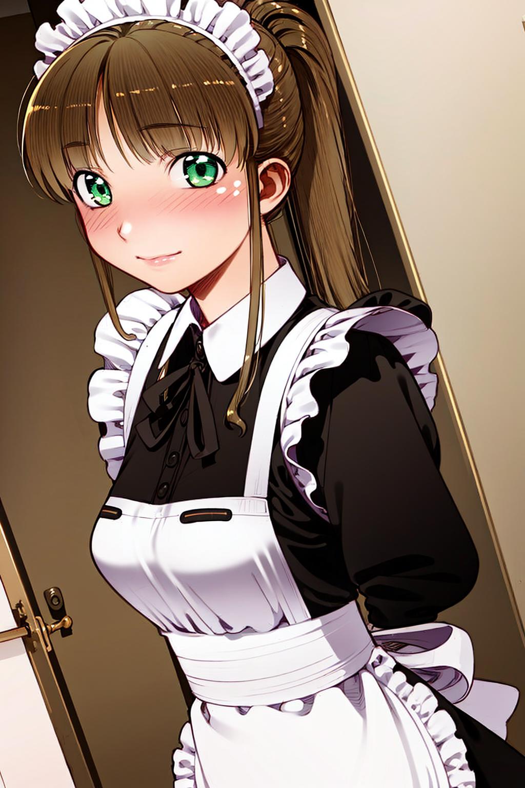 Anime girl in maid outfit standing in front of a door - SeaArt AI