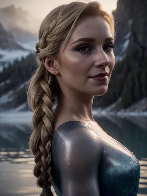 photo dynamique d'une femme magnifique, 30 ans, (cosplay d'Elsa d'Arendelle), une tresse, eye-liner,  Souriant, diffusion souterraine, atmosphère brumeuse, épique, Héroïque, brumeux, vision altérée (POINTU:0. 7), ultra-détaillé, texture réelle, éclairage de remplissage lumineux au lever du soleil, diffusion incandescente, lac gelé en arrière-plan, composition dynamique, Moteur irréel, Nikon D850, (Visage détaillé:1.3), pantalonpulldown 