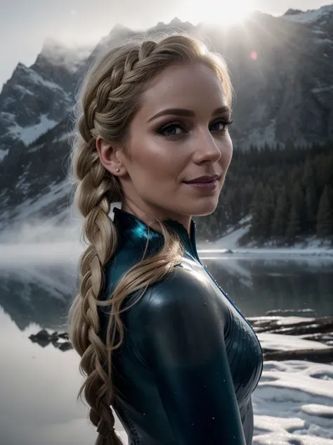 photo dynamique d'une femme magnifique, 30 ans, (cosplay d'Elsa d'Arendelle), une tresse, eye-liner,  Souriant, diffusion souterraine, atmosphère brumeuse, Héroïque, brumeux, vision altérée (POINTU:0. 7), ultra-détaillé, texture réelle, éclairage de remplissage lumineux au lever du soleil, diffusion incandescente, lac gelé en arrière-plan, composition dynamique, Moteur irréel, Nikon D850, (Visage détaillé:1.3), pantalonpulldown 