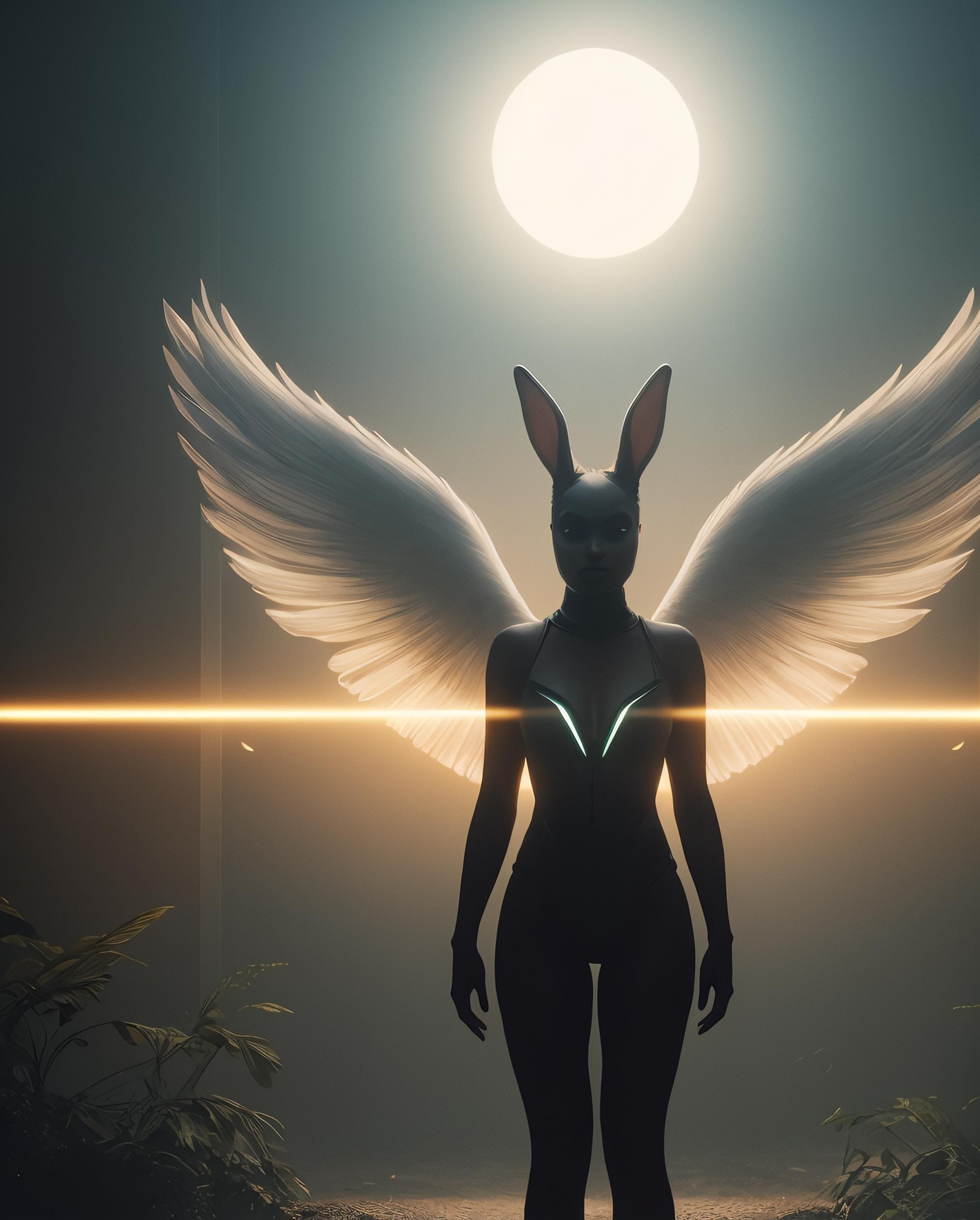 A woman in a bunny suit stands in front of a bright light - SeaArt AI