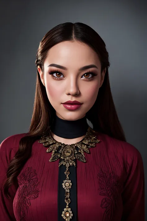 a close up of a woman wearing a red dress and a black choke