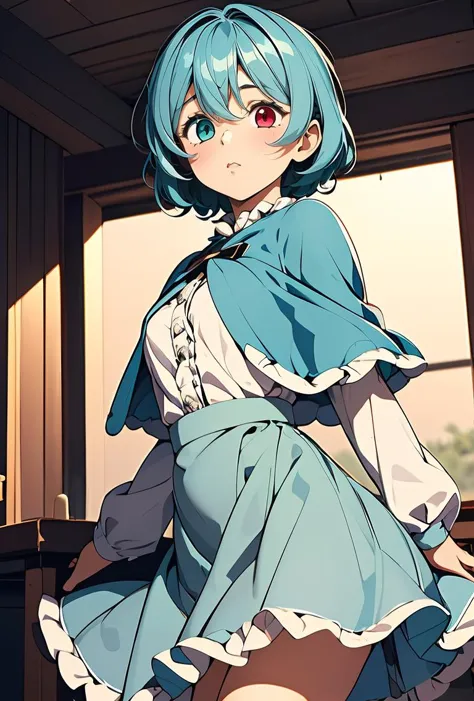 (masterpiece, best quality), 1girl,   <lora:1730290405606130953:0.8> 1girl, Kogasa Tatara, short teal hair, (heterochromia: blue right eye, red left eye), blue capelet, frills, white long-sleeved shirt, frills, teal skirt, high-waist skirt,