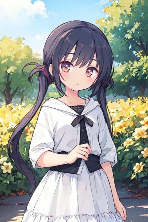 anime girl in a white dress with long black hair and a black tie