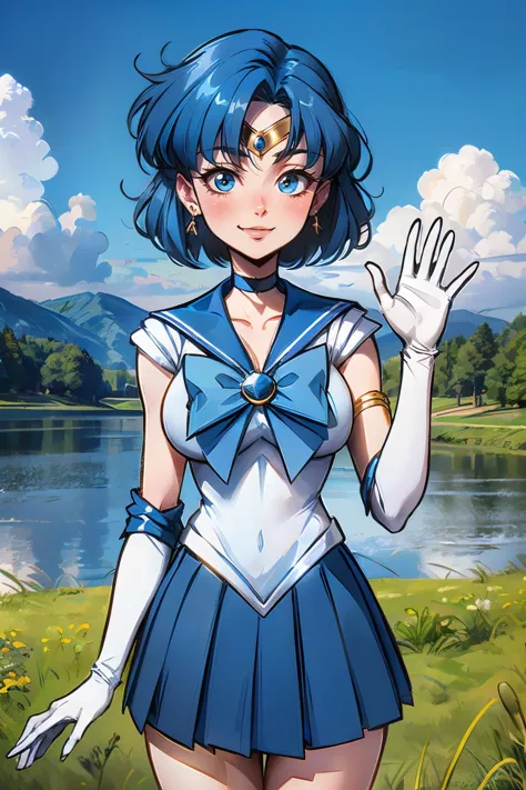 SailorMercury, short blue hair, blue eyes, gold circlet, choker, blue sailor senshi uniform, white elbow gloves, blue skirt, whi...