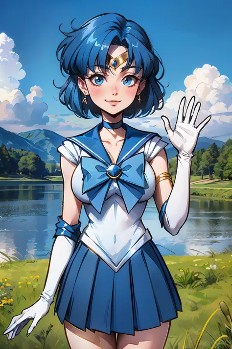 SailorMercury, cheveux bleus courts, yeux bleus, Diadème d&#39;or, foulard, uniforme senshi de marin bleu, gants de coude blancs, jupe bleu, gants de coude blancs, arc bleu, regarder le spectateur, souriant, heureux, Bouche ouverte, rougir, debout, agitant, main, dehors, parc, Lac, herbe, hiver, ciel bleu, Haute qualité, chef-d&#39;œuvre, 