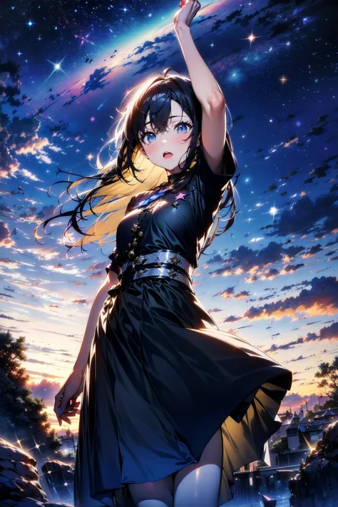 a woman in a black dress holding a star in her hand