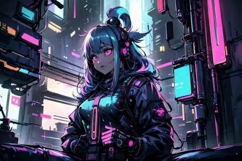 cyber girl in a futuristic city with neon lights