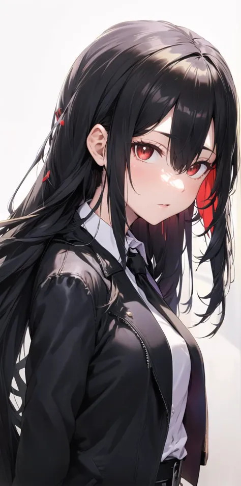 anime girl with long black hair and red eyes wearing a black jacket