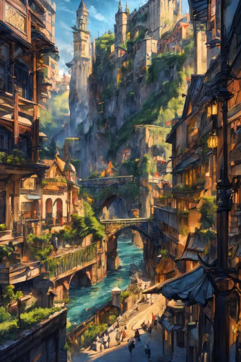 Landscape,distant view,fantasy style,medieval architecture,white brick walls,orange roofs,cobblestone roads,bustling shops,vendors,shouting,customers,lively streets,background crowd in medieval attire,sentinels in armor,city gate,a few prominent pedestrians,a wizard holding a wand,a warrior carrying a shield,a swordsman with a sword,a priest with a book,exterior of a restaurant,river,bridge,roadside dog,masterpiece,best quality,highly detailed,Amazing,finely detail,extremely detailed CG unity 8k wallpaper,score:>=60,, incredibly absurdres,wallpaper,realistic,real,photo,landscape,foreshortening,, beautiful detailed eyes,Fine hair texture,