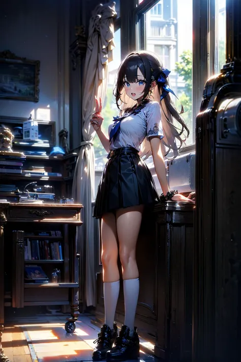 anime girl in a short skirt and high heels standing in a room