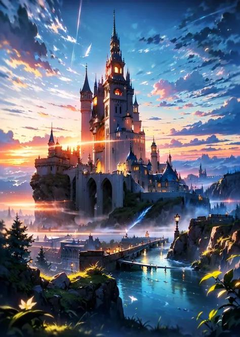 (extremely detailed CG unity 8k wallpaper),(((masterpiece))),(((best quality))),((ultra-detailed)),(best illustration),(best shadow),((an extremely delicate and beautiful)),dynamic angle,floating,The detailed castle,(((the best building))),mist encircles the mountains,fairyland,dynamic angle,classic,(detailed light),feather,nature,(sunlight),river,forest,flowers,beautiful and delicate water,(painting),(sketch),(bloom),(shine),, masterpiece,best quality,highly detailed,Amazing,finely detail,extremely detailed CG unity 8k wallpaper,score:>=60,, beautiful detailed eyes,Fine hair texture,, Cinematic Lighting,rim light,available light,light leaks,depth_of_field,blurry,