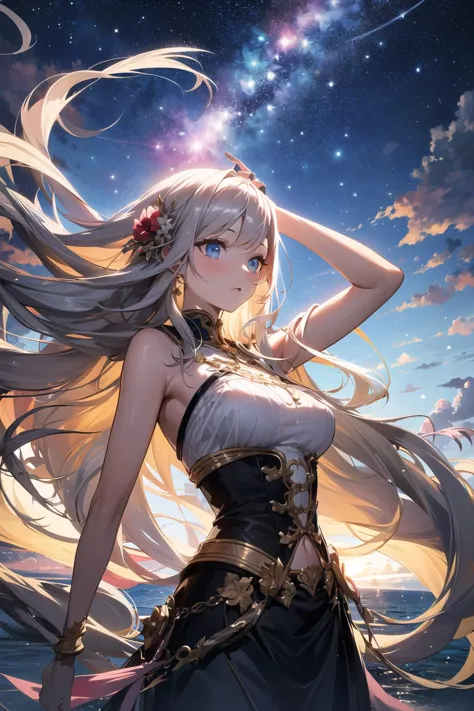 a woman with long hair standing in front of a sky